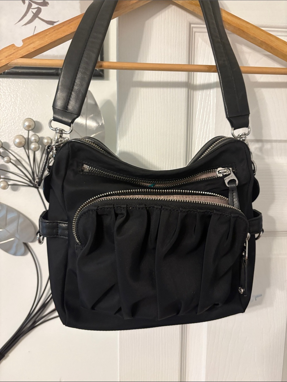 MZ Wallace Black Shoulder Bag with Pleated Front Pocket
